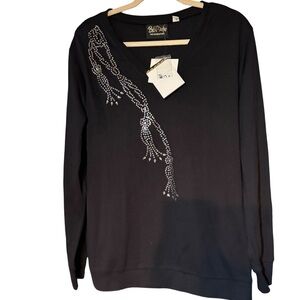 Bob Mackie Wearable Art women's long-sleeve black top embellished rhinestone xl